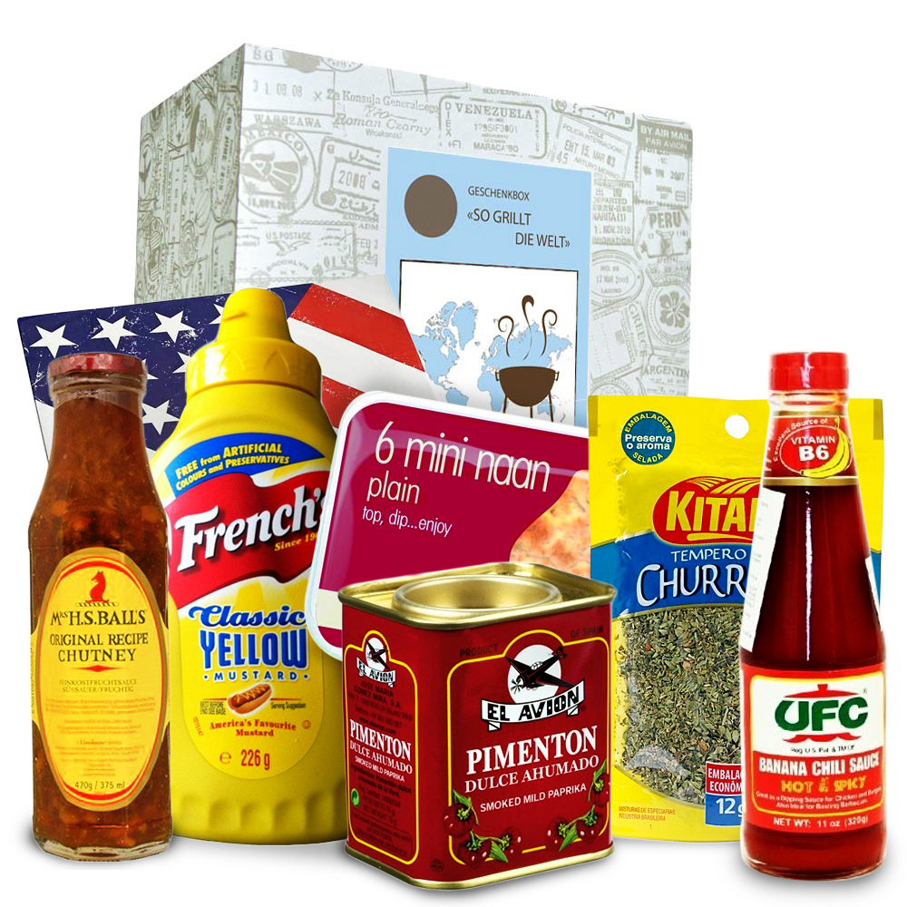 Geschenkbox mit internationalen Köstlichkeiten zum Grillen, Grillende Weltreise, Kulinarische Überraschungsbox mit Grillsaucen und Grillgewürzen, Paket mit Saucen und Gewürzen für einen Gril